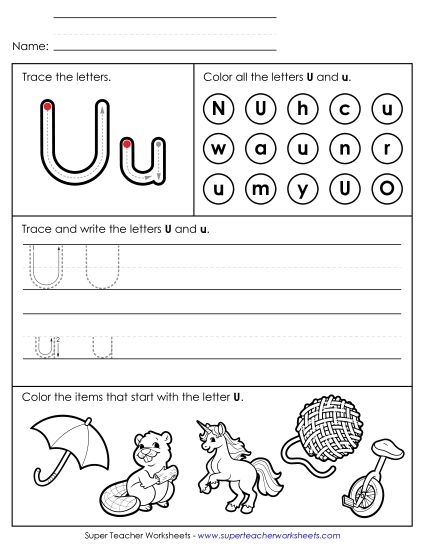 Pre-K phonics worksheet featuring various objects for children to identify that start with the letter U