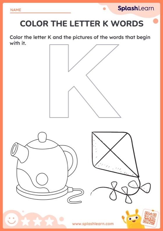 Pre-K alphabet phonics worksheet featuring various objects starting with the letter K