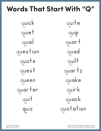 Pre-K phonics worksheet for identifying words and objects that begin with the letter Q