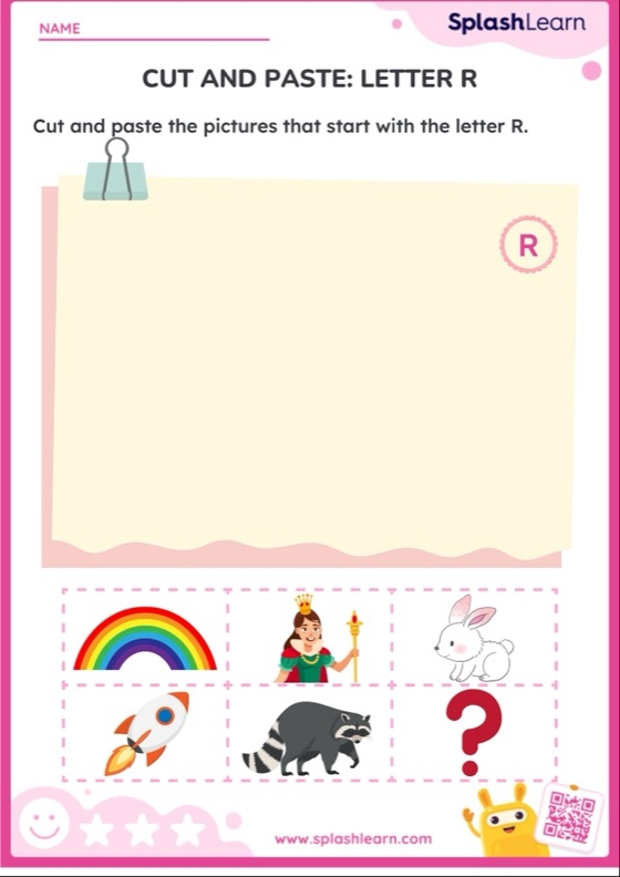 Preschooler identifying pictures of objects that start with the letter R on a phonics worksheet