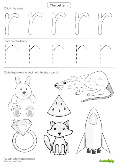 Pre-K phonics worksheet for identifying words and pictures that begin with the letter R