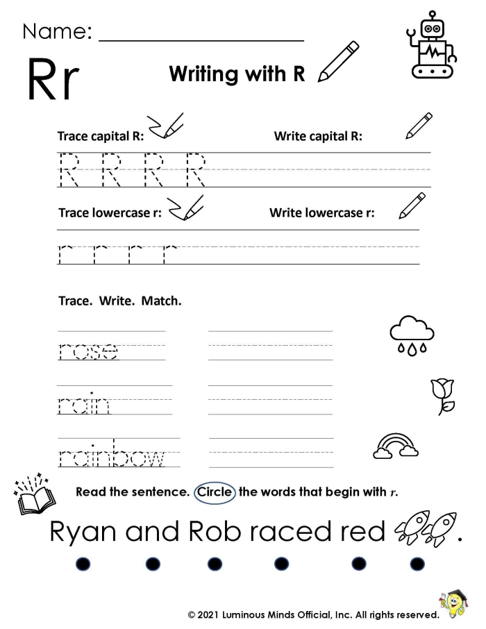 Worksheet featuring various items that start with the letter R for phonics practice