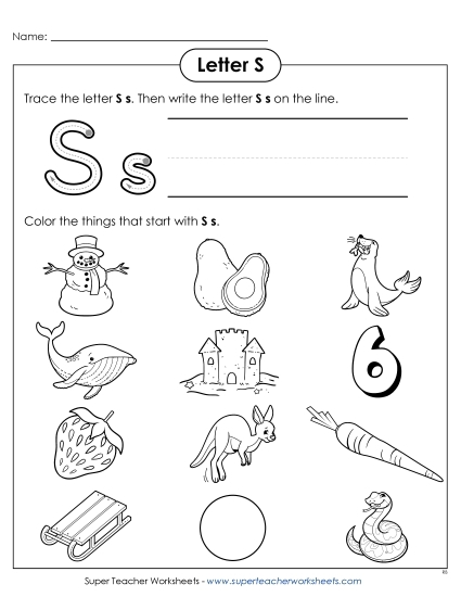 Pre-K worksheet featuring various colorful illustrations of objects that begin with the letter S for phonics practice