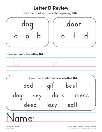 Worksheet featuring items that begin with the letter D for phonics practice