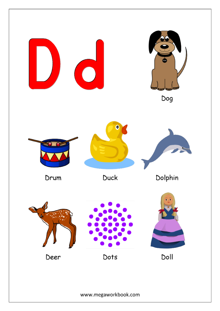 Pre-K phonics worksheet featuring various objects for children to identify items that start with the letter D