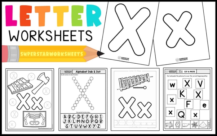 Worksheet featuring various items that start with the letter X for phonics practice