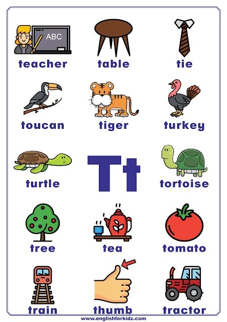 Pre-K phonics worksheet featuring various illustrations of objects that begin with the letter T