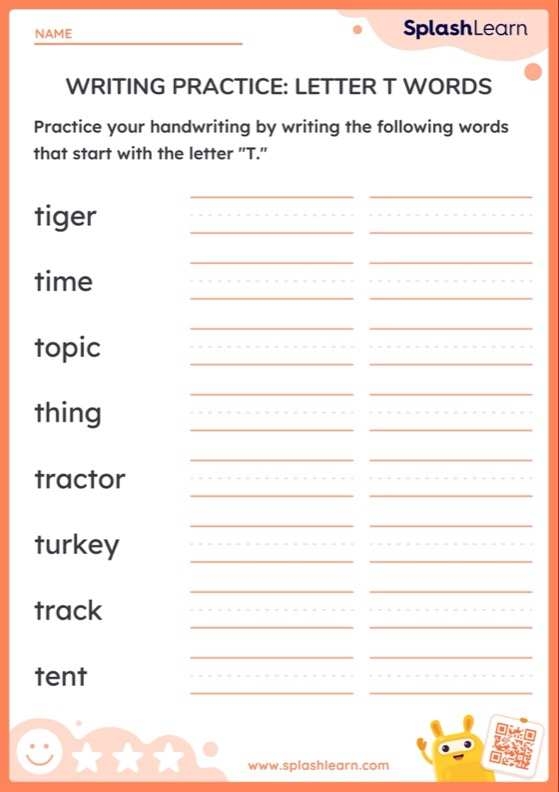 Pre-K phonics worksheet featuring various objects that begin with the letter T