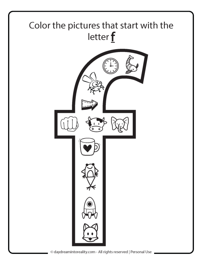 Worksheet featuring various objects that start with the letter F for phonics practice