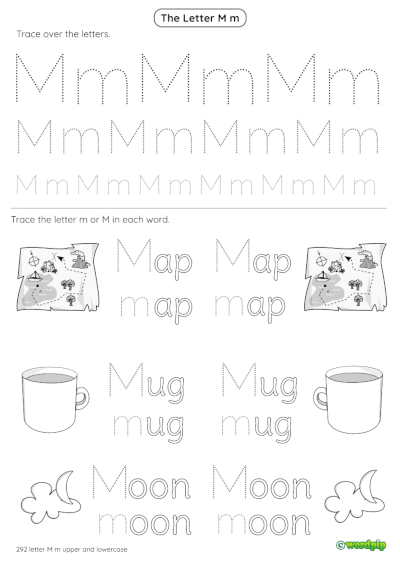 Worksheet featuring images of items that begin with the letter M for phonics practice
