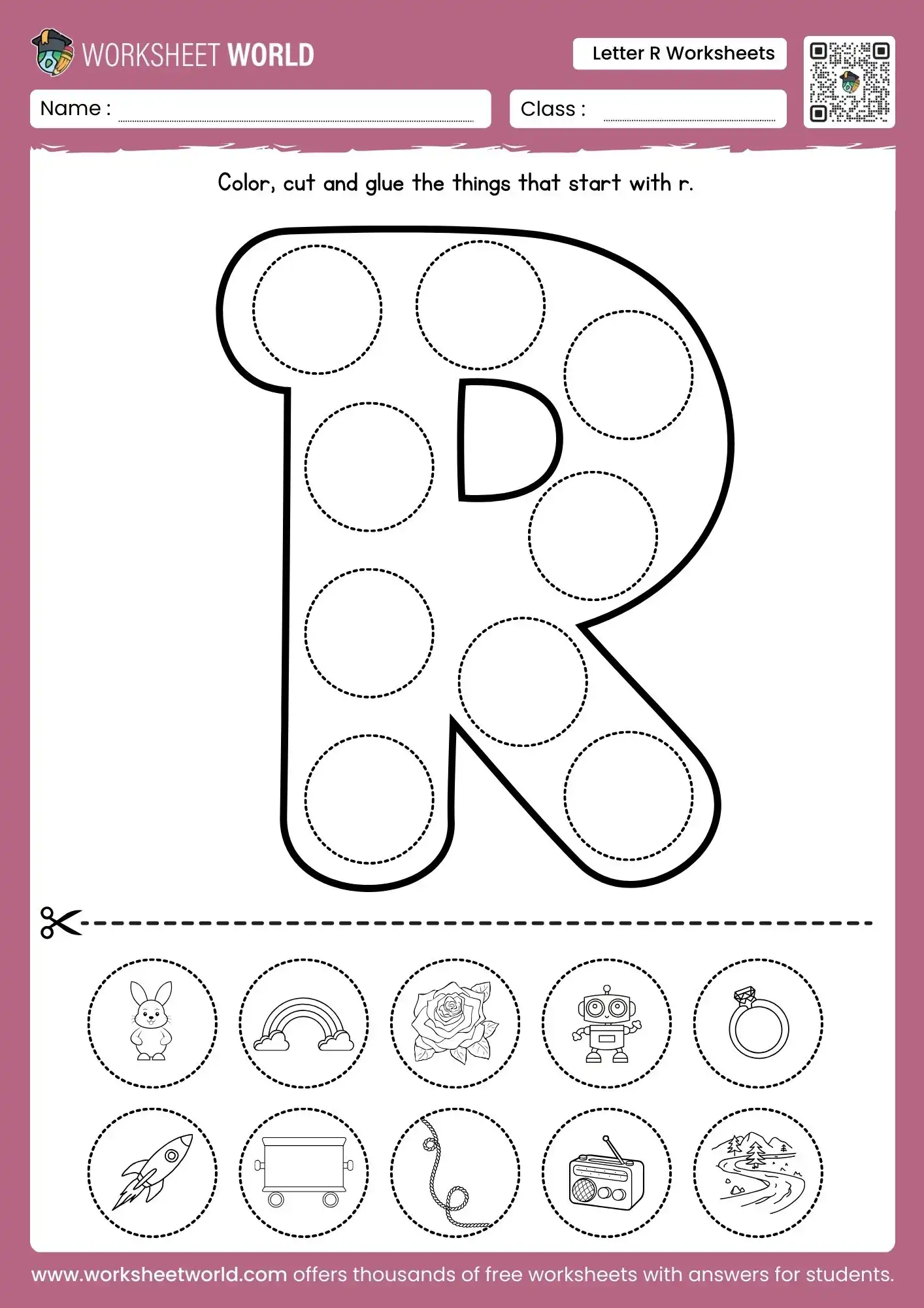Worksheet featuring items that begin with the letter R for phonics practice in Pre-K. Engaging activities to support early reading skills through letter recognition.