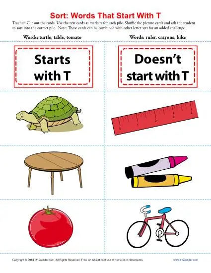 Worksheet featuring items that begin with the letter T for phonics practice