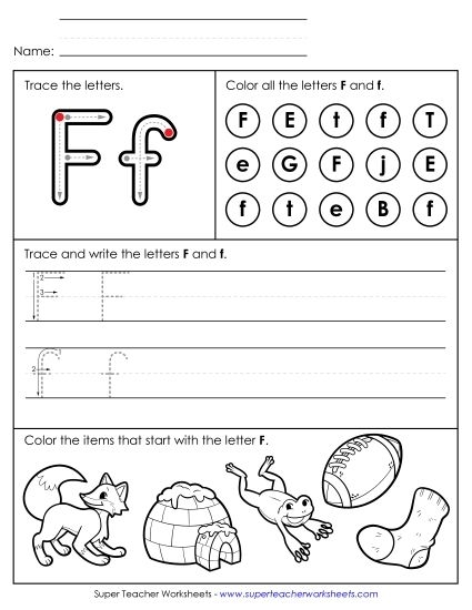Worksheet featuring items that begin with the letter F for phonics practice. Fun phonics worksheet for Pre-K children to identify things starting with F!