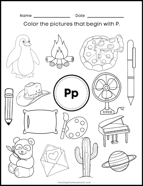 Worksheet featuring items that begin with the letter P for phonics practice