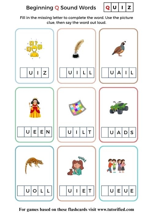 Worksheet featuring items that start with the letter Q for phonics practice