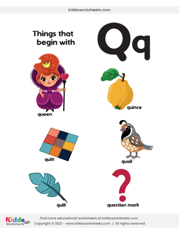 Pre-K phonics worksheet featuring various illustrations of objects that start with the letter Q