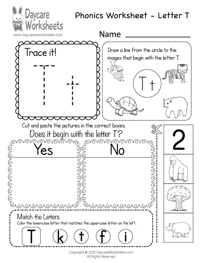 Worksheet featuring items that start with the letter T for phonics practice