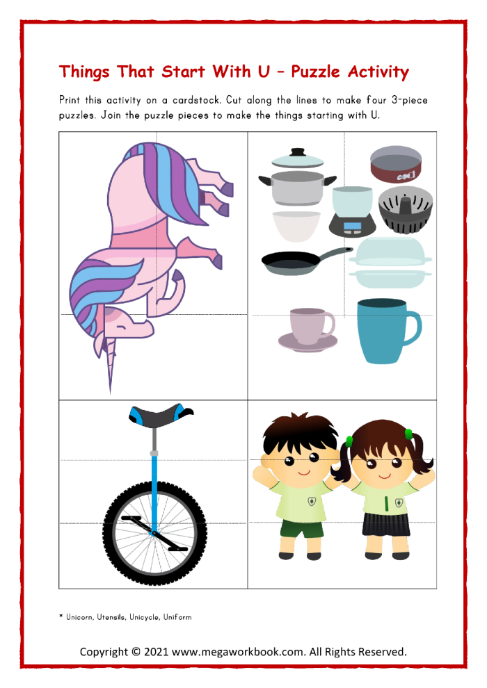 Worksheet featuring various items that begin with the letter U for phonics practice