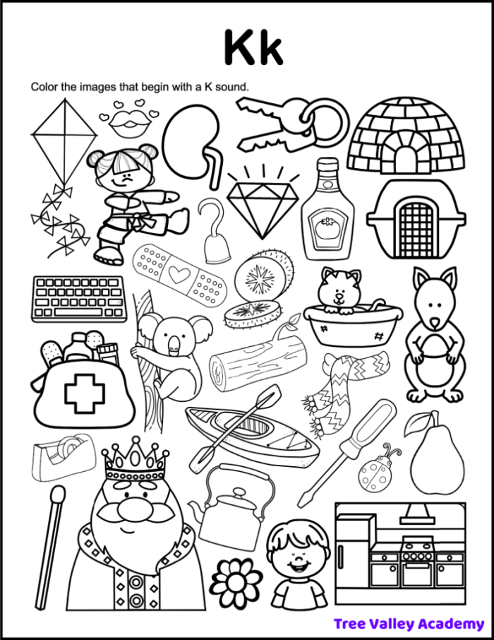 Worksheet featuring various items that start with the letter K for preschool phonics practice