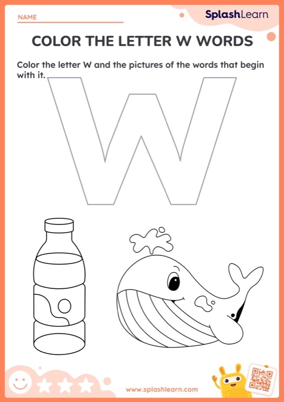 Worksheet featuring items that start with the letter W for phonics practice in Pre-K