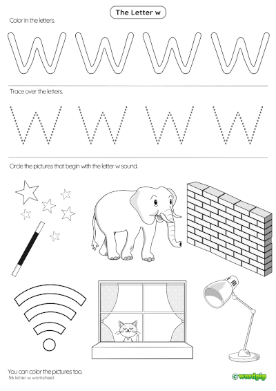 Worksheet featuring items that begin with the letter W to enhance phonics skills in Pre-K children