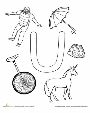 Pre-K phonics worksheet for identifying objects that begin with the letter U