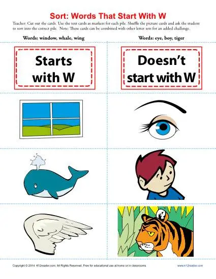 Pre-K phonics worksheet for identifying words and pictures that begin with the letter W