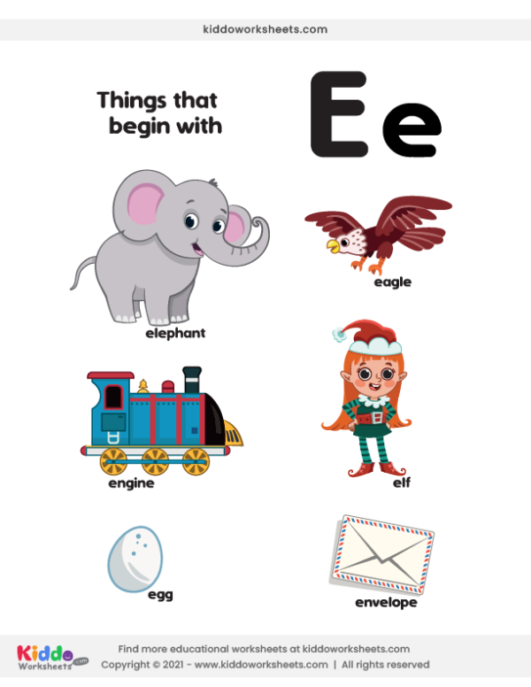 Pre-K phonics worksheet for identifying words and objects that begin with the letter E