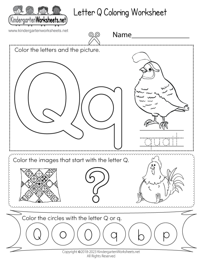 Pre-K student working on a phonics worksheet identifying words that start with the letter Q