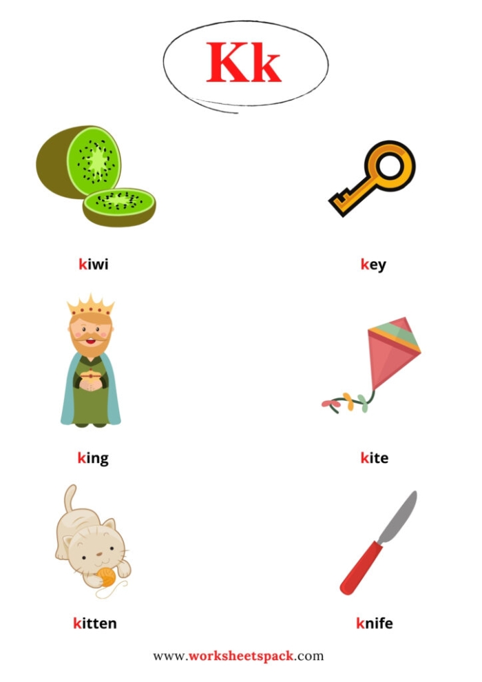 Worksheet featuring items that begin with the letter K for phonics practice