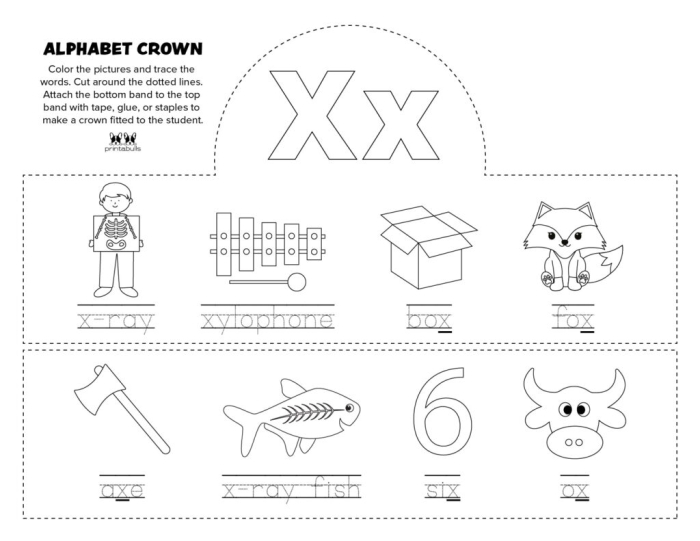 Pre-K phonics worksheet featuring various objects for children to identify items starting with the letter X