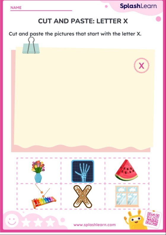 Pre-K phonics worksheet featuring various illustrations to help children identify words beginning with the letter X