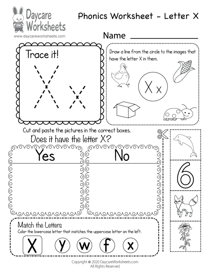 Pre-K phonics worksheet for identifying words and pictures that begin with the letter X