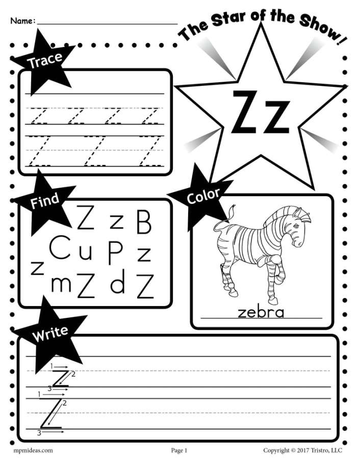 Pre-K phonics worksheet for identifying words and pictures that begin with the letter Z