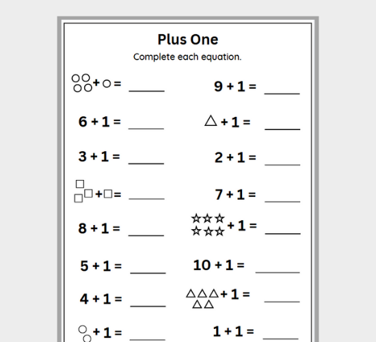 Plus One Addition Practice for Early Learners Pre-kindergarten students practicing simple addition with plus one concept using colorful objects and numbers on a worksheet