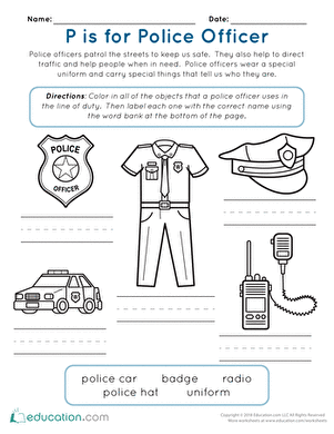 Police Officer Hat and Badge Geometry Coloring Page 19 Pre-K worksheet featuring a simple outline of a police hat and badge for coloring