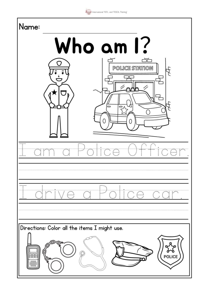Police Officer Community Helper Coloring Page for Young Learners Simple police officer hat and badge coloring template for Pre-K geometry worksheet 17