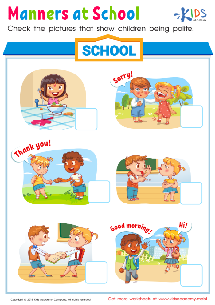 Teaching Etiquette Manners Worksheet 15 for Preschoolers Pre-K manners worksheet featuring polite behavior exercises for young children