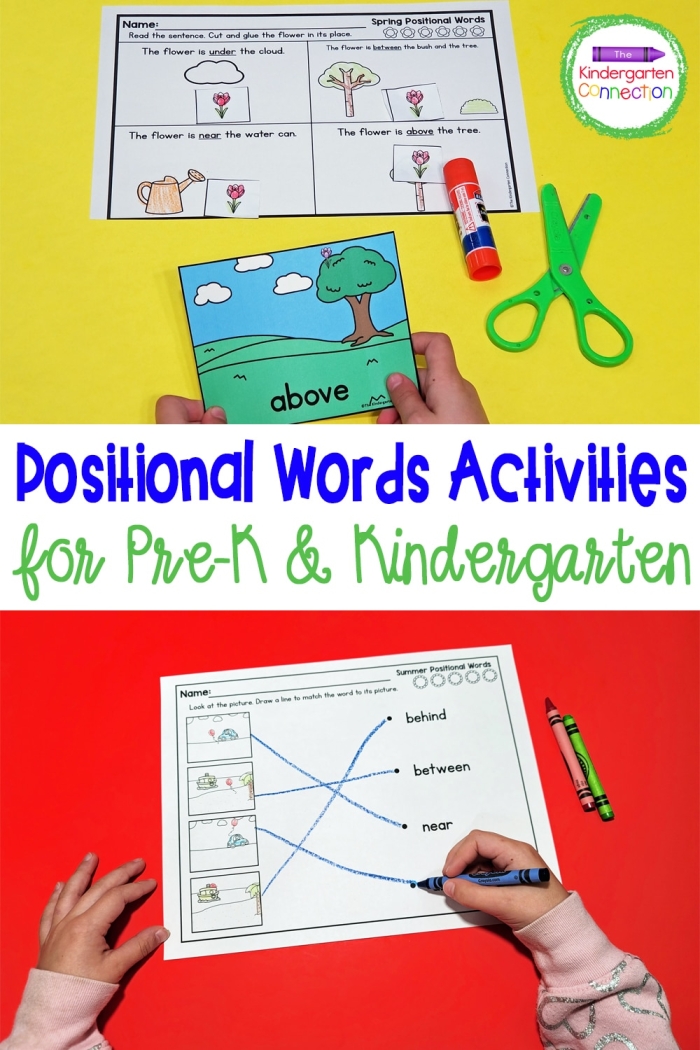 Positional Words Practice Activity for Pre-K Students Preschooler learning positional words like in, on, and under with colorful illustrated objects and animals