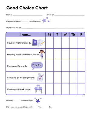 Pre-K history worksheet featuring a colorful Good Choice Chart for tracking positive student behavior 22