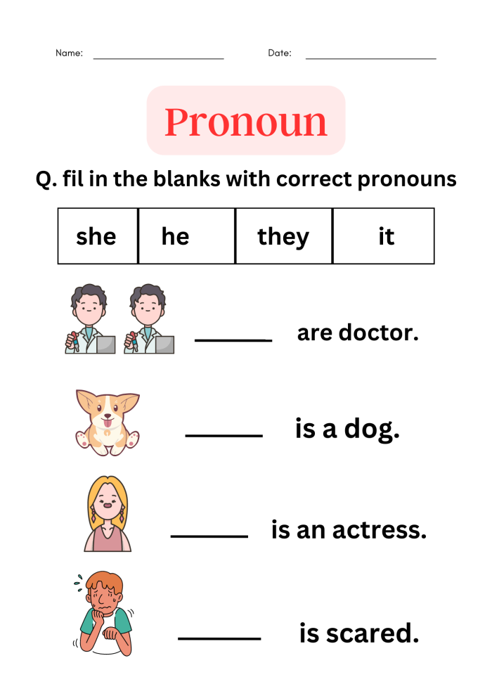 Pronoun Matching Assessment Worksheet for Pre-K Students Worksheet featuring a pronoun matching assessment for young learners