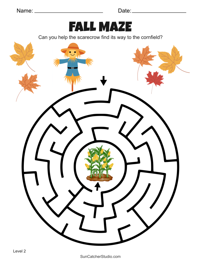 Colorful Fall Maze worksheet for Pre-K students featuring pumpkins and a pumpkin patch