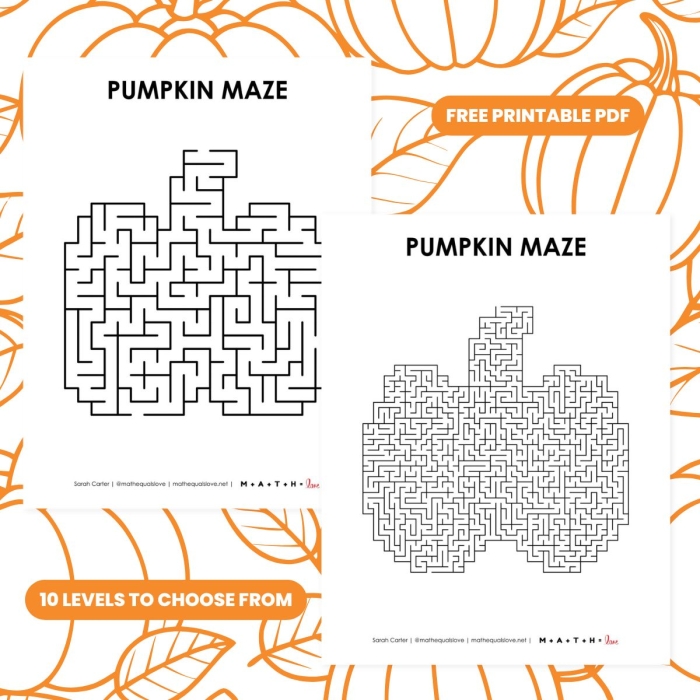 Colorful pumpkin maze worksheet for Pre-K students to navigate through.