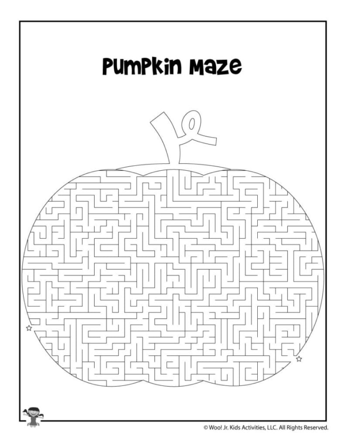 Colorful pumpkin maze worksheet for Pre-K students to navigate through