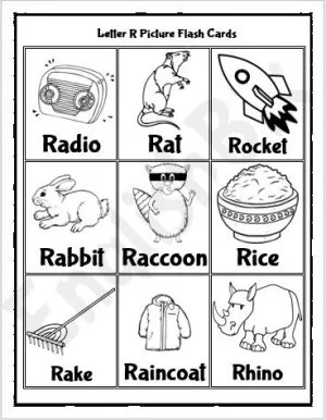 Pre-K phonics worksheet featuring colorful illustrations of various objects that begin with the letter R