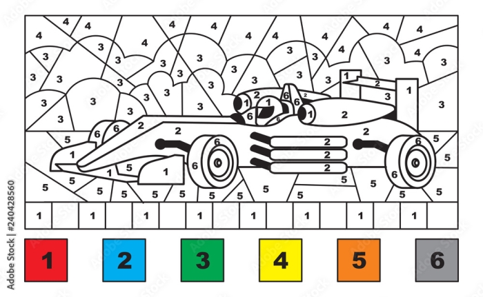 Pre-K student working on a color by number race car worksheet featuring basic fraction concepts