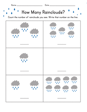 Engaging rain count activity to help young learners practice counting on rainy days Rain count worksheet for Pre-K children featuring a playful raincloud and raindrops