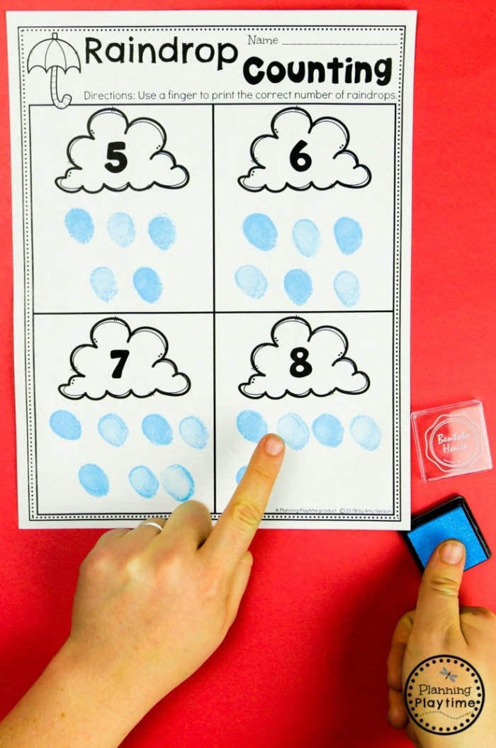 Engaging rain count worksheet for young learners to enhance counting skills Counting raindrops with fun illustrations on a Pre-K rain count worksheet