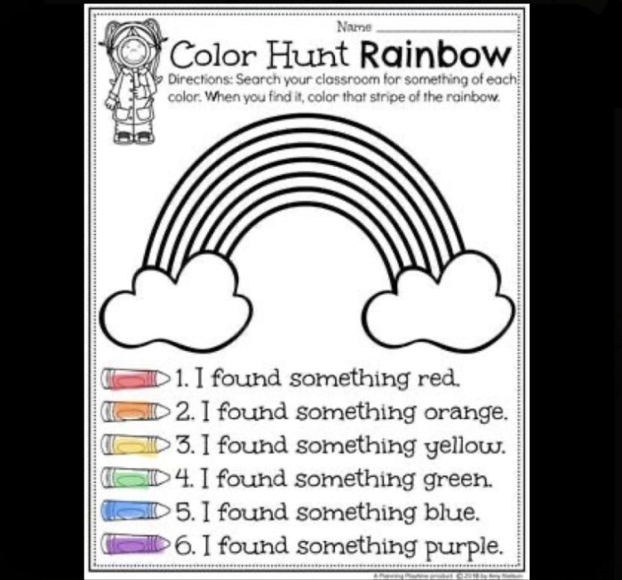 Pre-K students learning color names with a printable rainbow color by number activity page