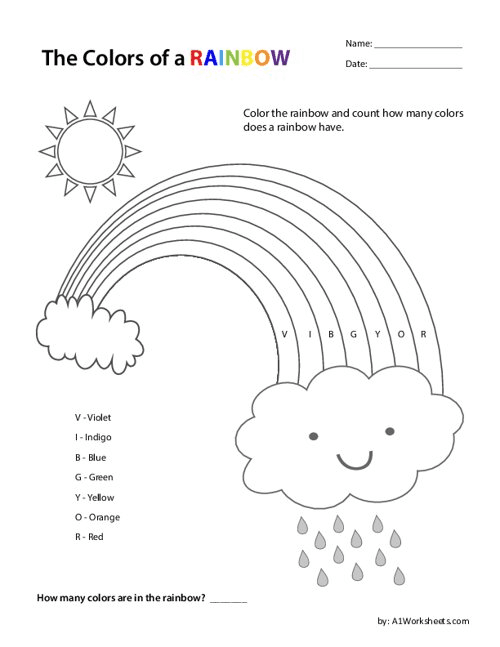 Pre-K worksheet with a rainbow illustration for counting and coloring practice